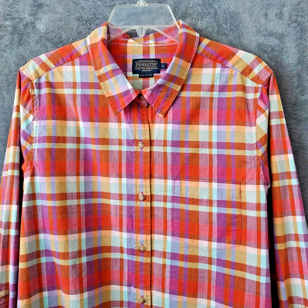 NWOT PENDLETON Women's Size XL Red Plaid Cotton Shirt Button-Up Roll Tap Sleeve